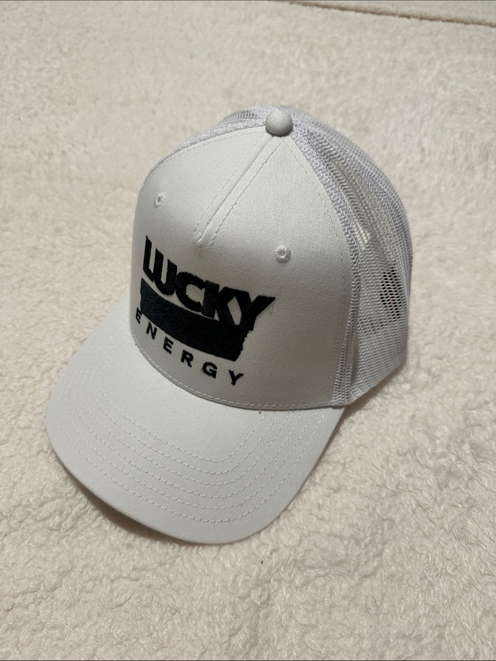 Lucky Energy White Trucker Hat with Black Logo